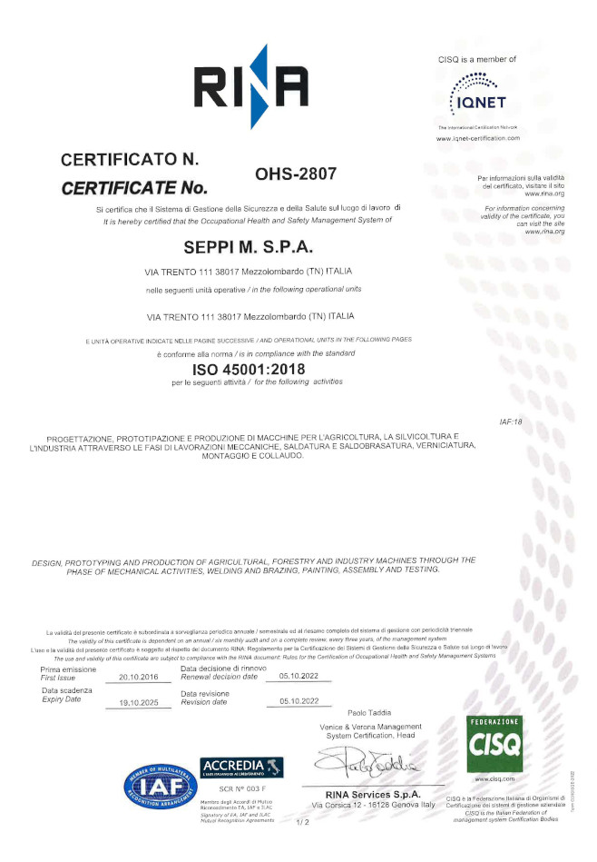 RINA Certificato OHS 2807 ISO 45001 2018 big