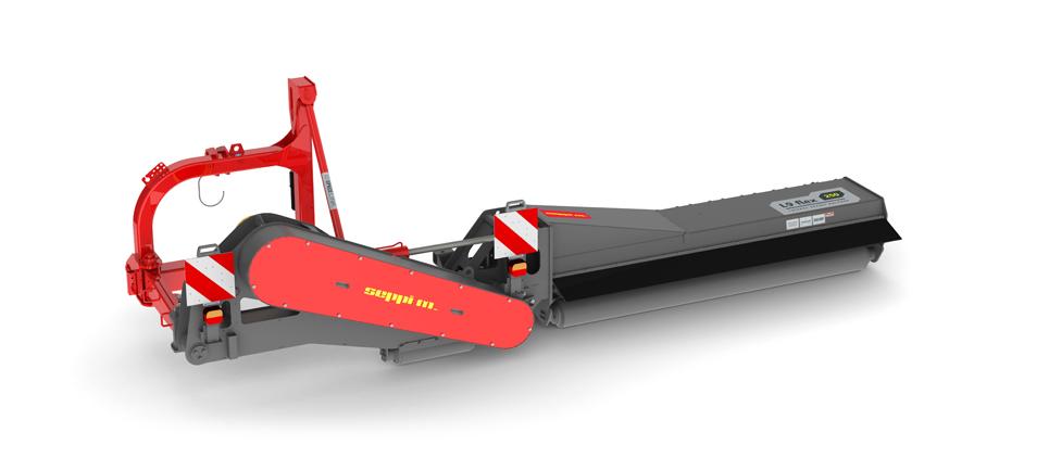 Rendering mulching mowers are trailed on a chassis with 2 wheels for up to 7m of working width