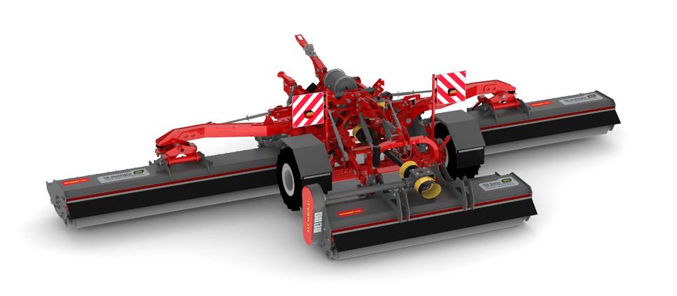 Three independent mulching mowers are trailed on a chassis with 2 wheels for up to 7m of working width